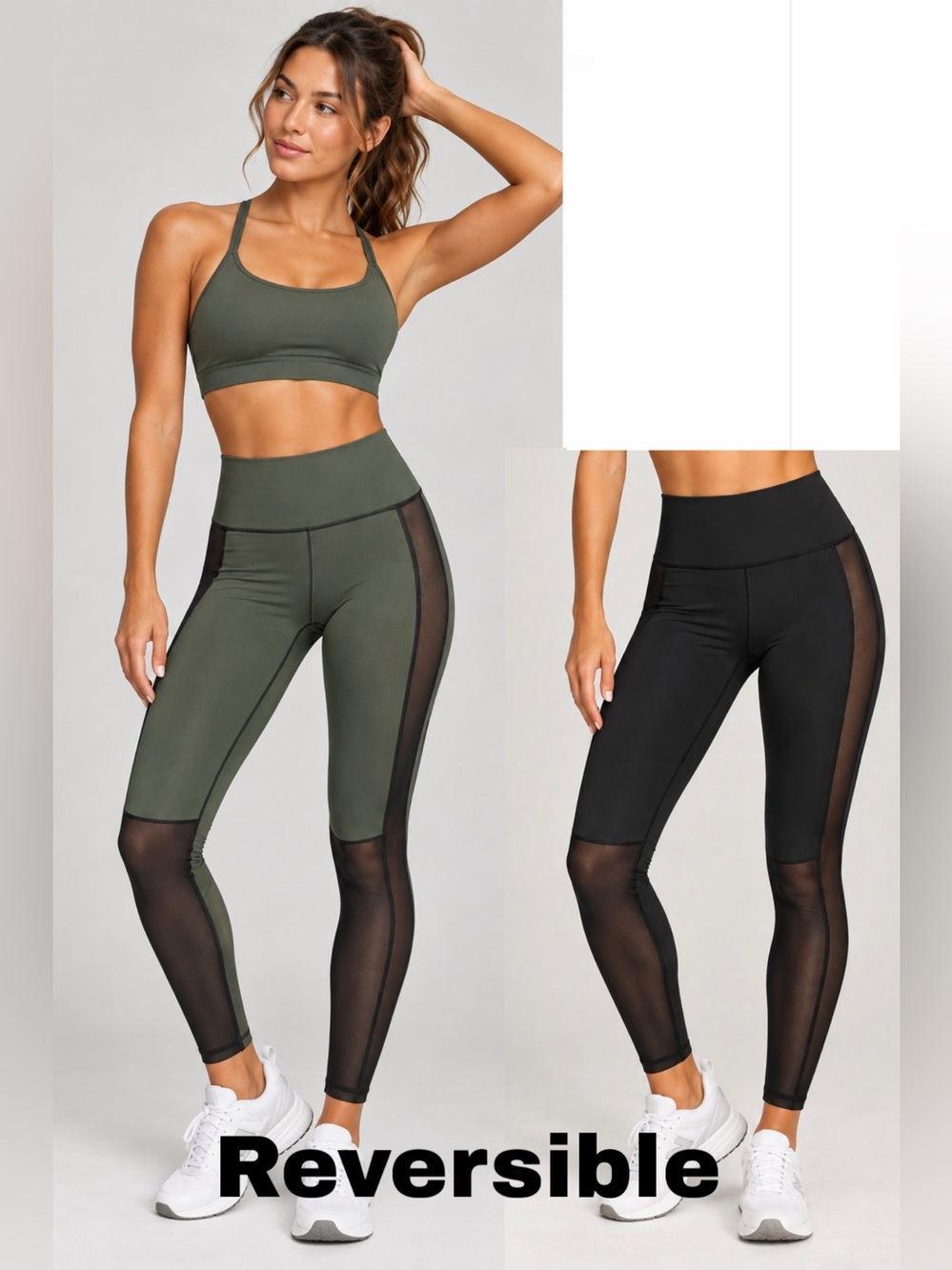 Sweaty Betty Reversible High-Waist Mesh Panel Leggings - Olive & Black